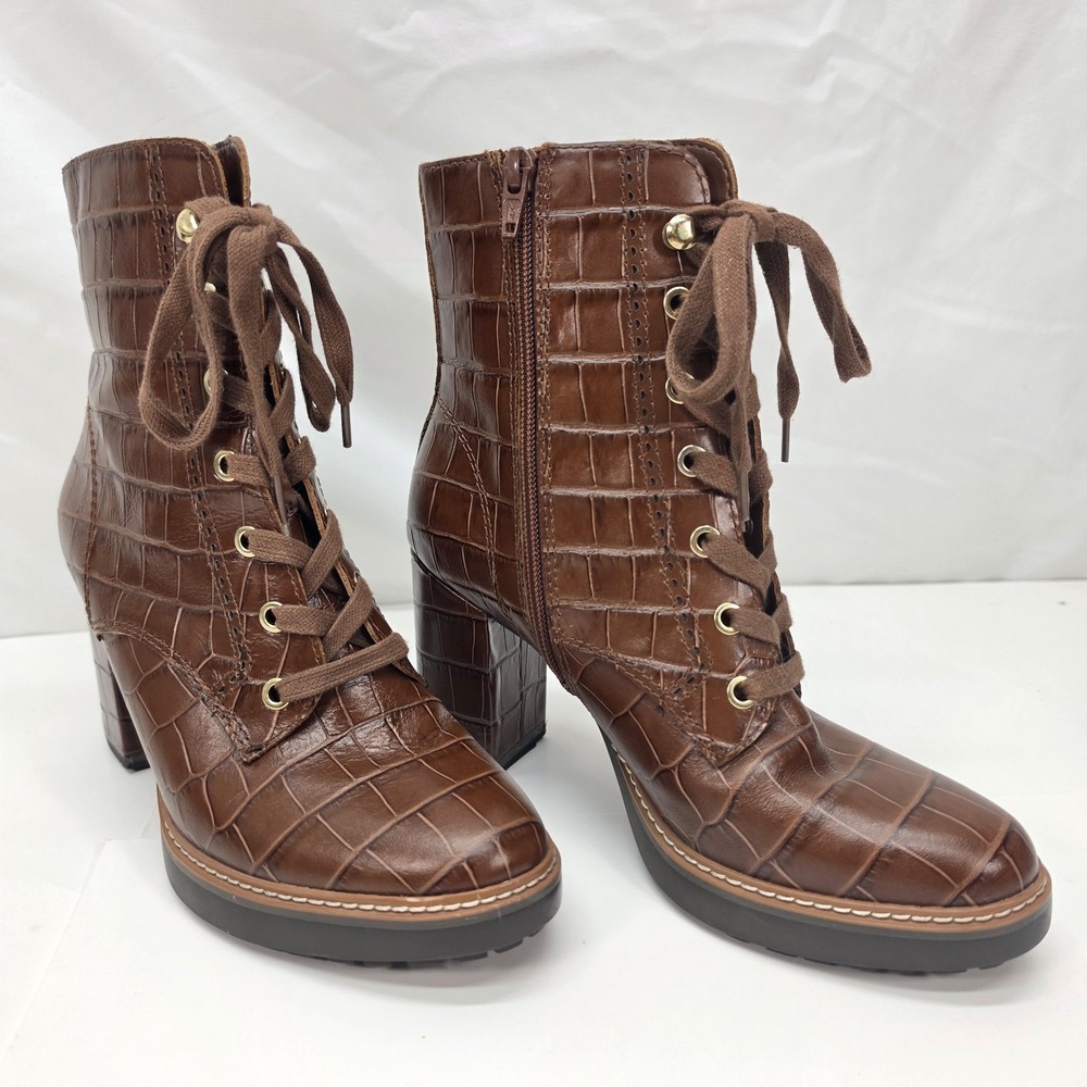 Naturalizer Womens 7.5 Brown Croc Embossed Leather Lace Up Ankle Boots Block Hee - Picture 2 of 16